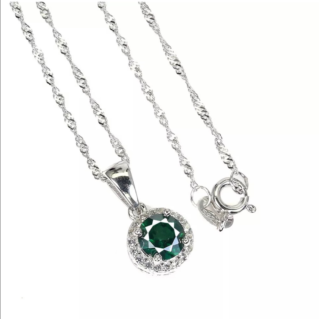 Natural Round Green Topaz 6mm White Topaz 925 Sterling Silver Necklace 18 Inches